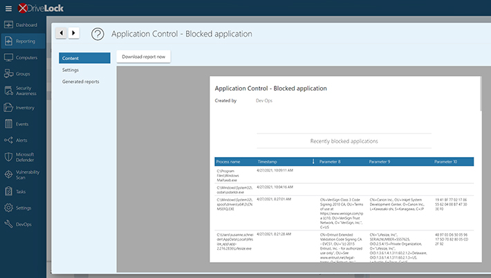 Drivelock Operations Center Reporting Application Control - Blocked Applications
