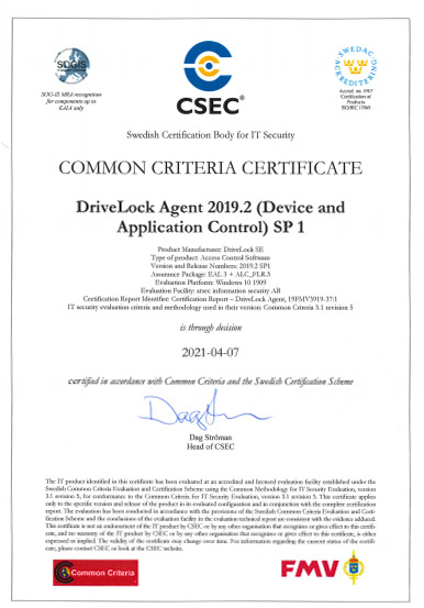 Common Criteria Certificate EAL 3+ DriveLock