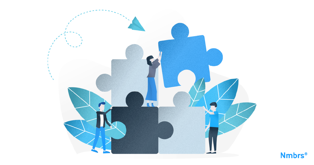 The image is an illustration of three people putting giant pieces of a puzzle together. In the background there are big leaves and a paper airplane.