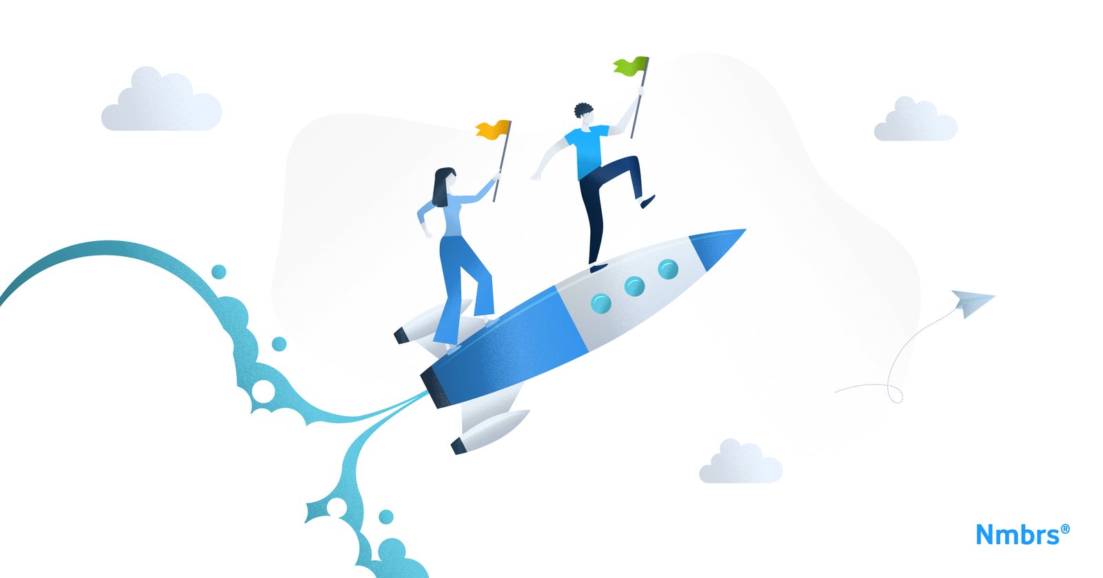 It's an illustration of a woman and a man on top of a rocket, holding flags. The rocket is diagonally flying from the bottom-left corner of the image towards the top-left one. There are clouds in the background.