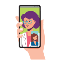 Illustration of a teledentistry appointment taking place via smart phone.