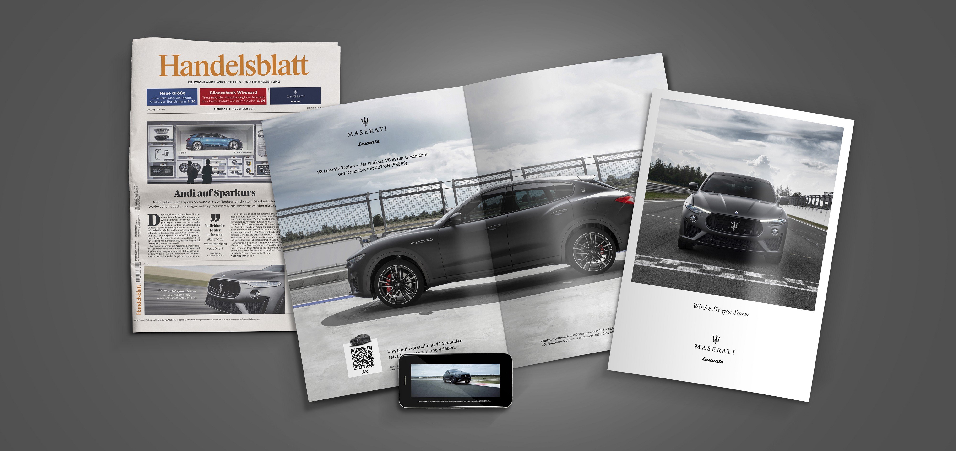 Maserati used a WebAR-activated print ad to showcase the new Maserati Levante Trofeo
