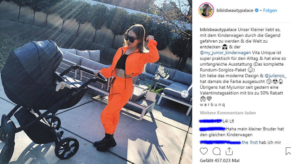 Screenshot von YouTuberin Bibi mit ihrem Kind im Kinderwagen. Sie nutzt den Instagram Post für ihr Influencer Marketing.
