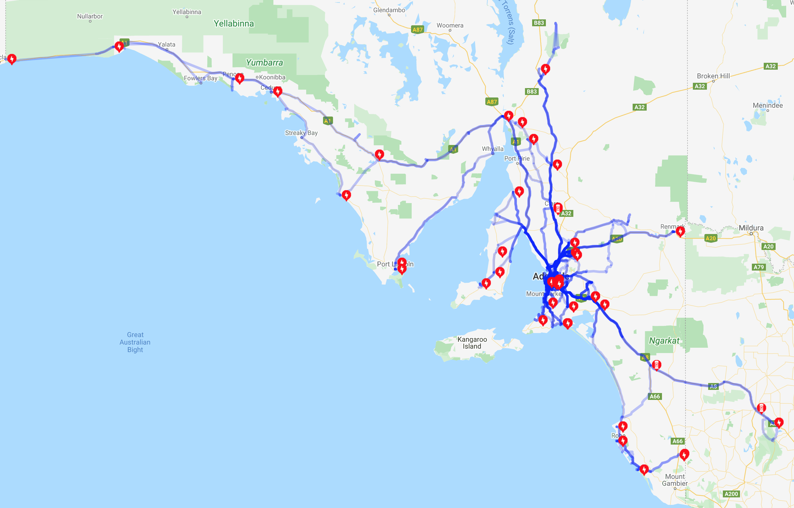 A collection of the trips travelled by David's Tesla Model 3. Captured using Teslafi.