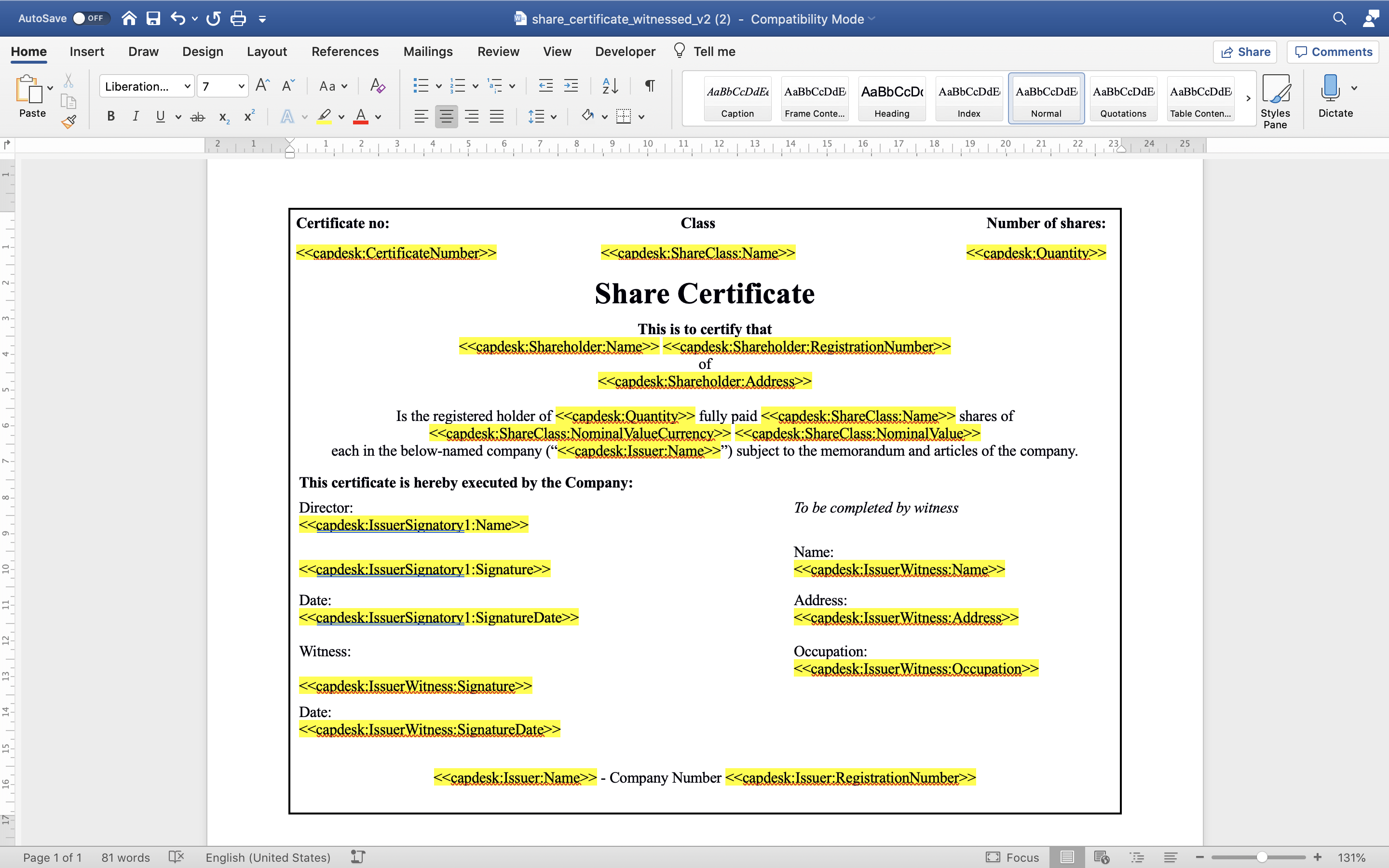 shareholding certificate template