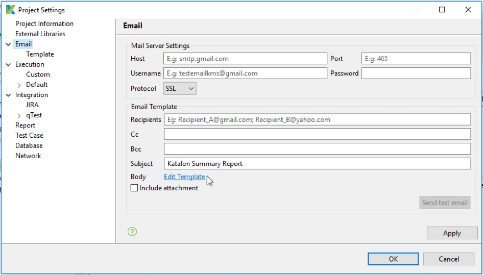 Katalon email settings