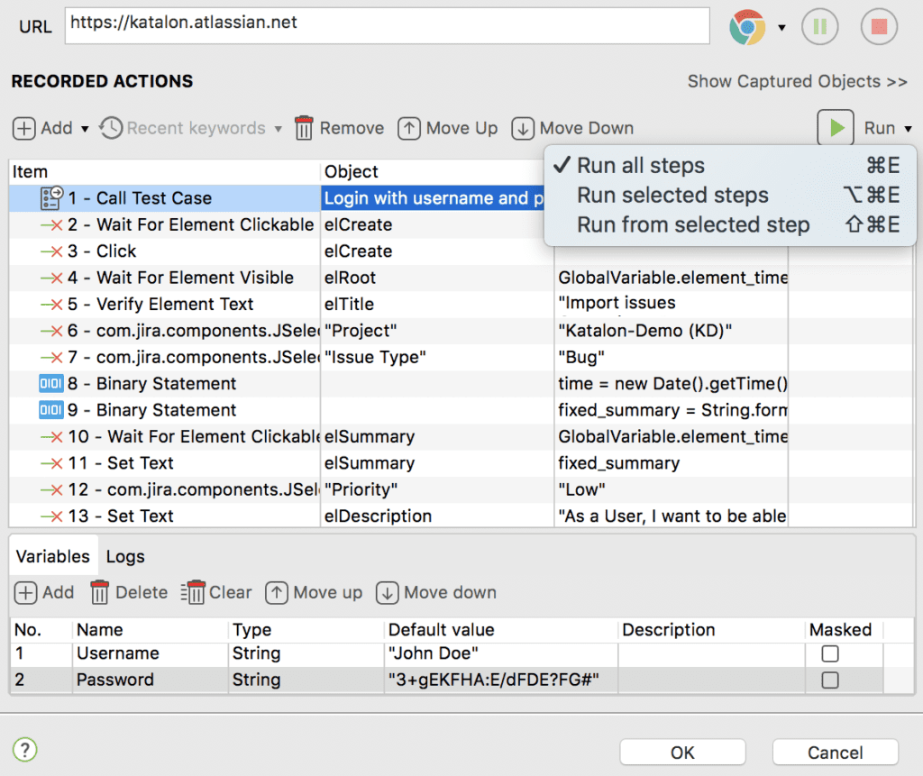 Logs and execution status Katalon Studio