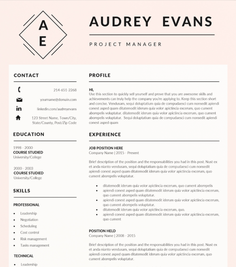 Pastel pink CV with a black logo.