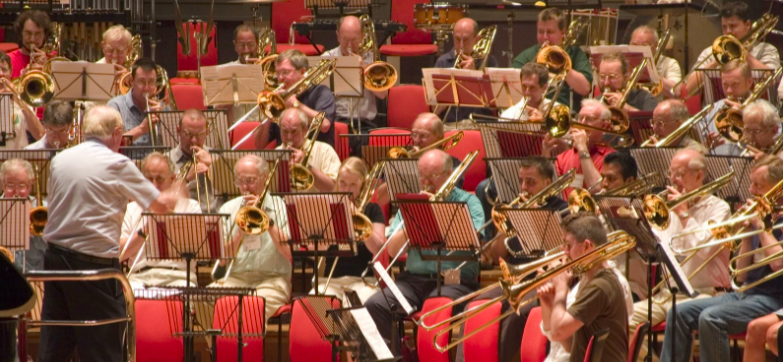 A brass band performing in a concert.