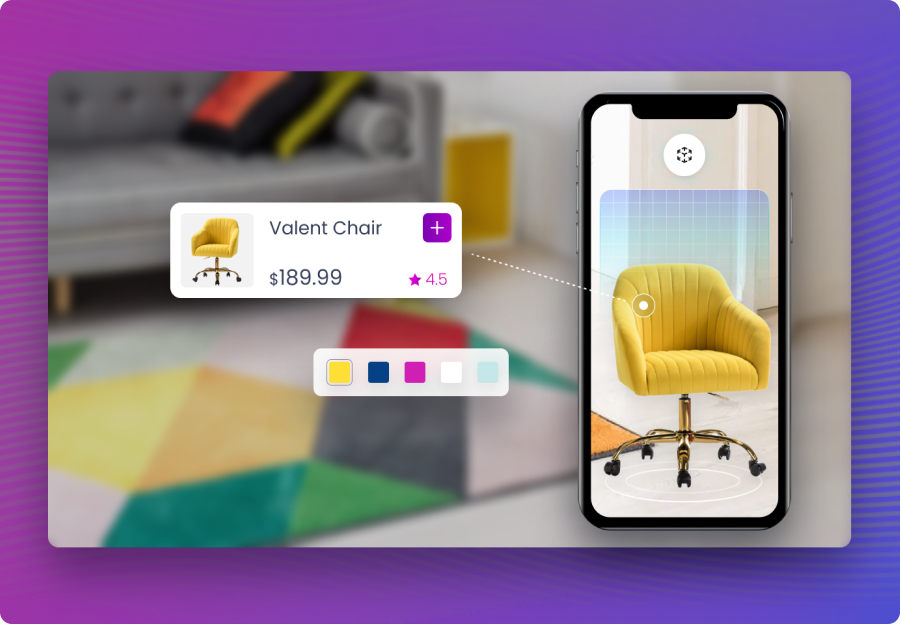 AR shopping experiences of yellow chair being placed in users space using AR from their phone.