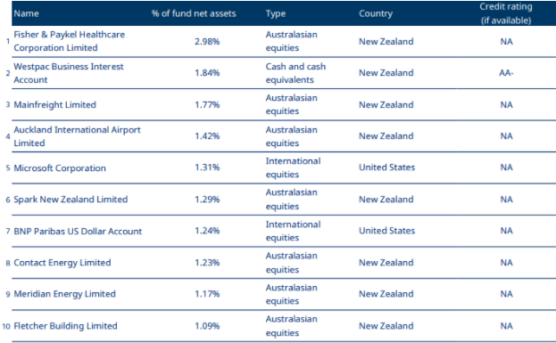 Mercer KiwiSaver Sustainable Plus Shares Fund Top Ten Investments