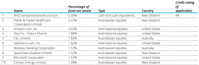 Summer KiwiSaver Growth Fund Top Ten Investments