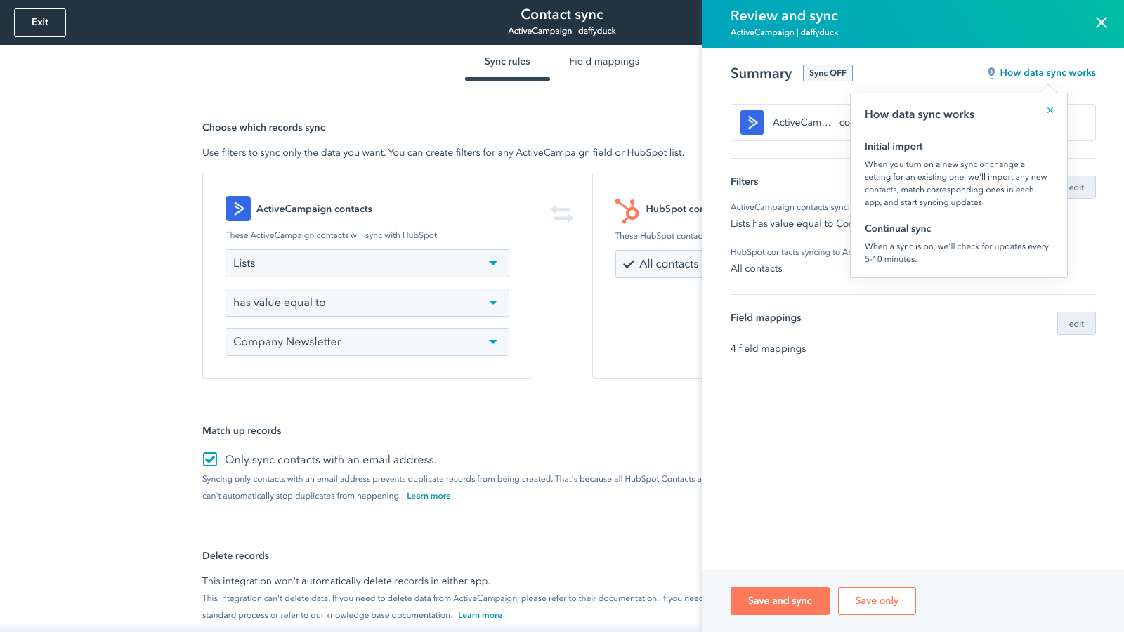 HubSpot's Data Sync app for ActiveCampaign