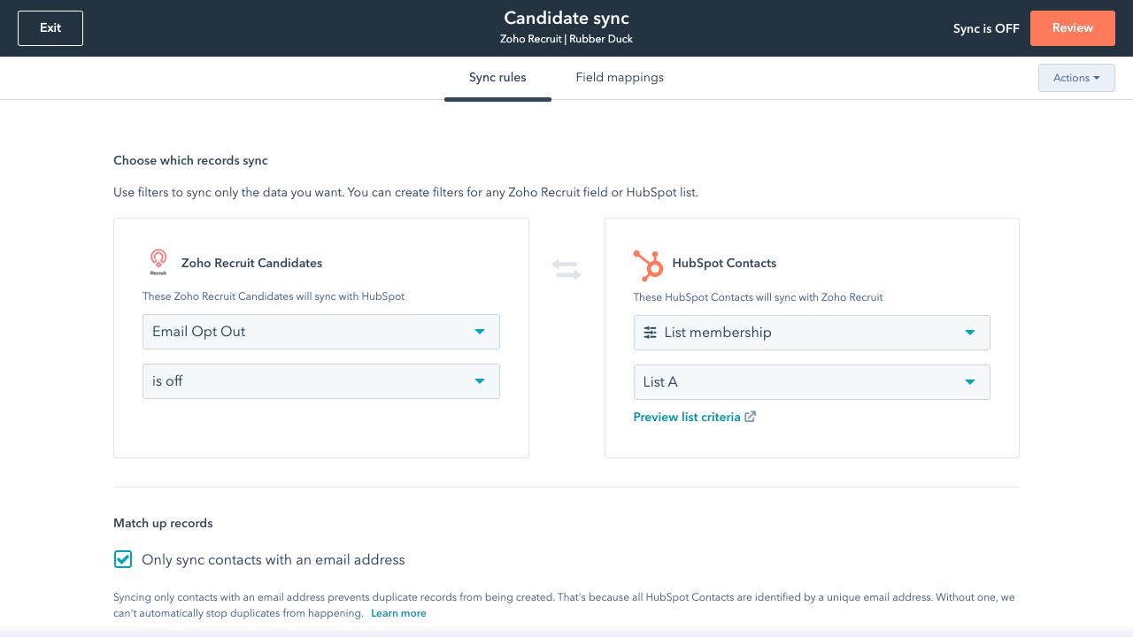 Sync Zoho Recruit and HubSpot data