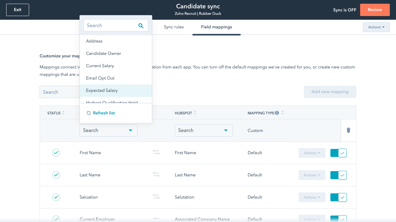 Custom field mappings