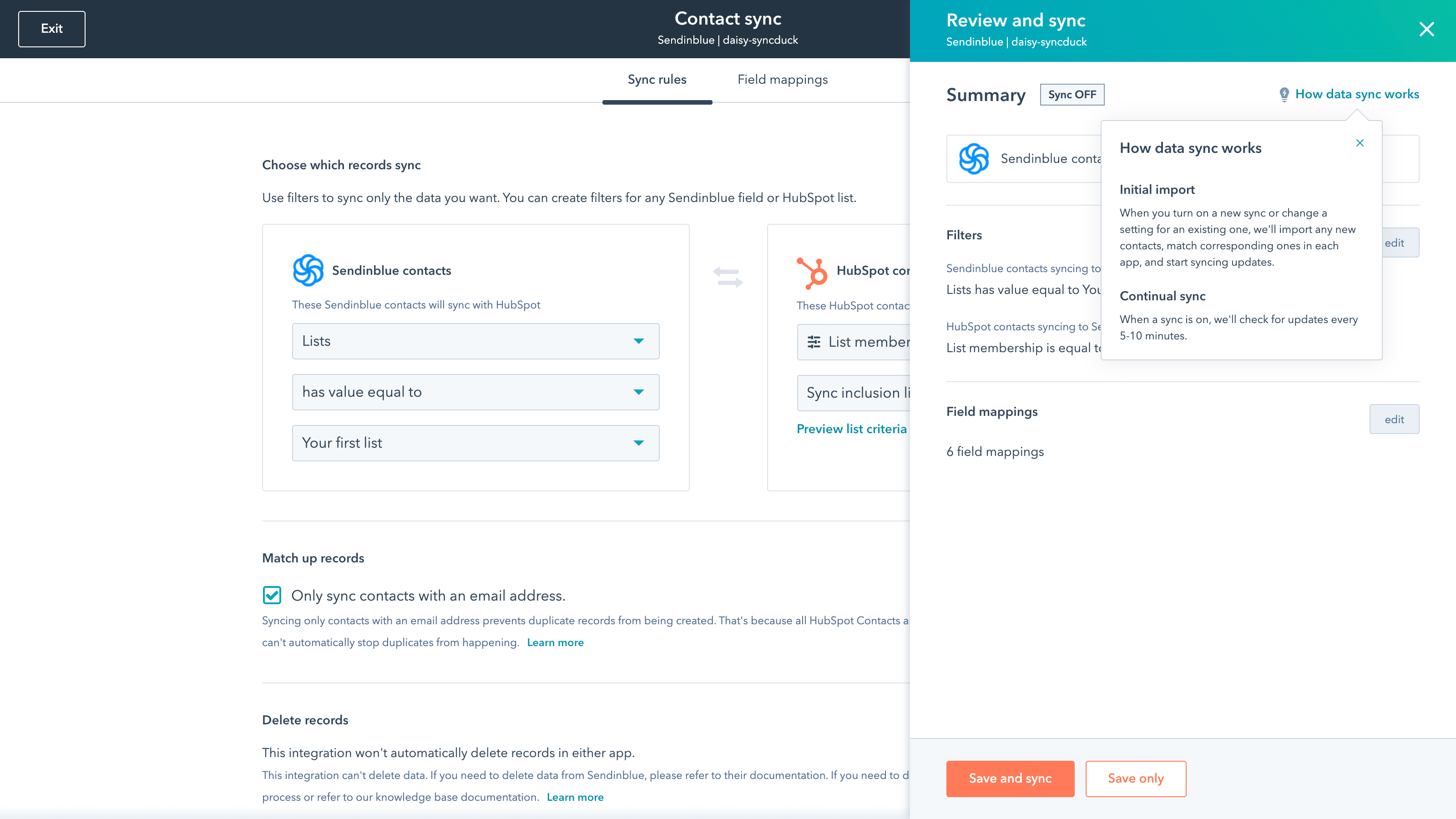 Data Sync - Sync Sendinblue and HubSpot contacts