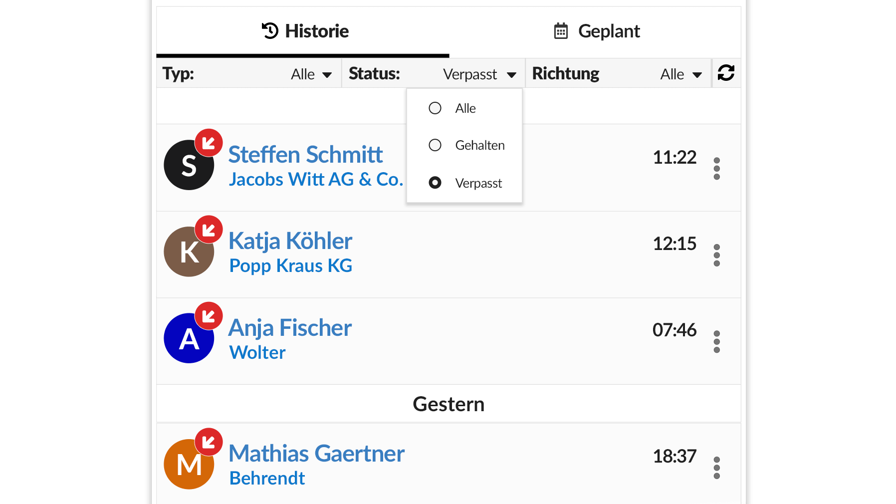 Sehe verpasste Anrufe in einer praktischen Rückrufliste