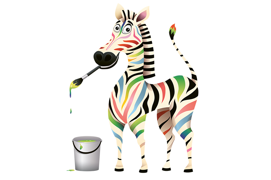 Illustration eines Zebras, das mit einem Pinsel im Mund dasteht. Der Pinsel tropft Farbe in einen Kessel unterhalb. Die Streifen des Zebras sind farbig angemalt.