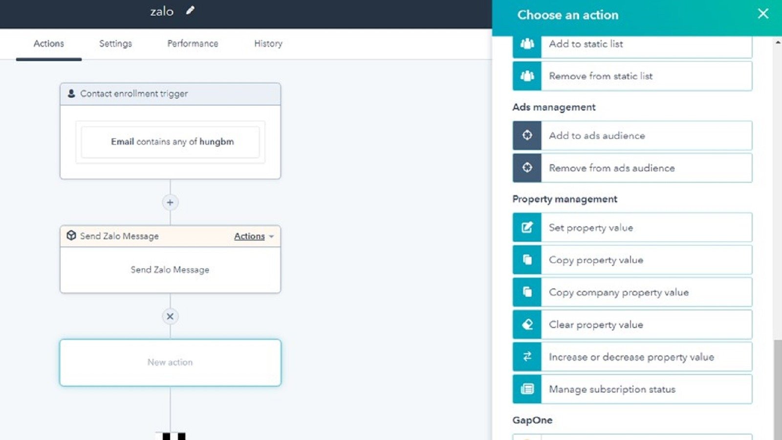 Thêm việc gửi SMS/ZNS vào workflow (Add SMS/ZNS into a Workflow)
