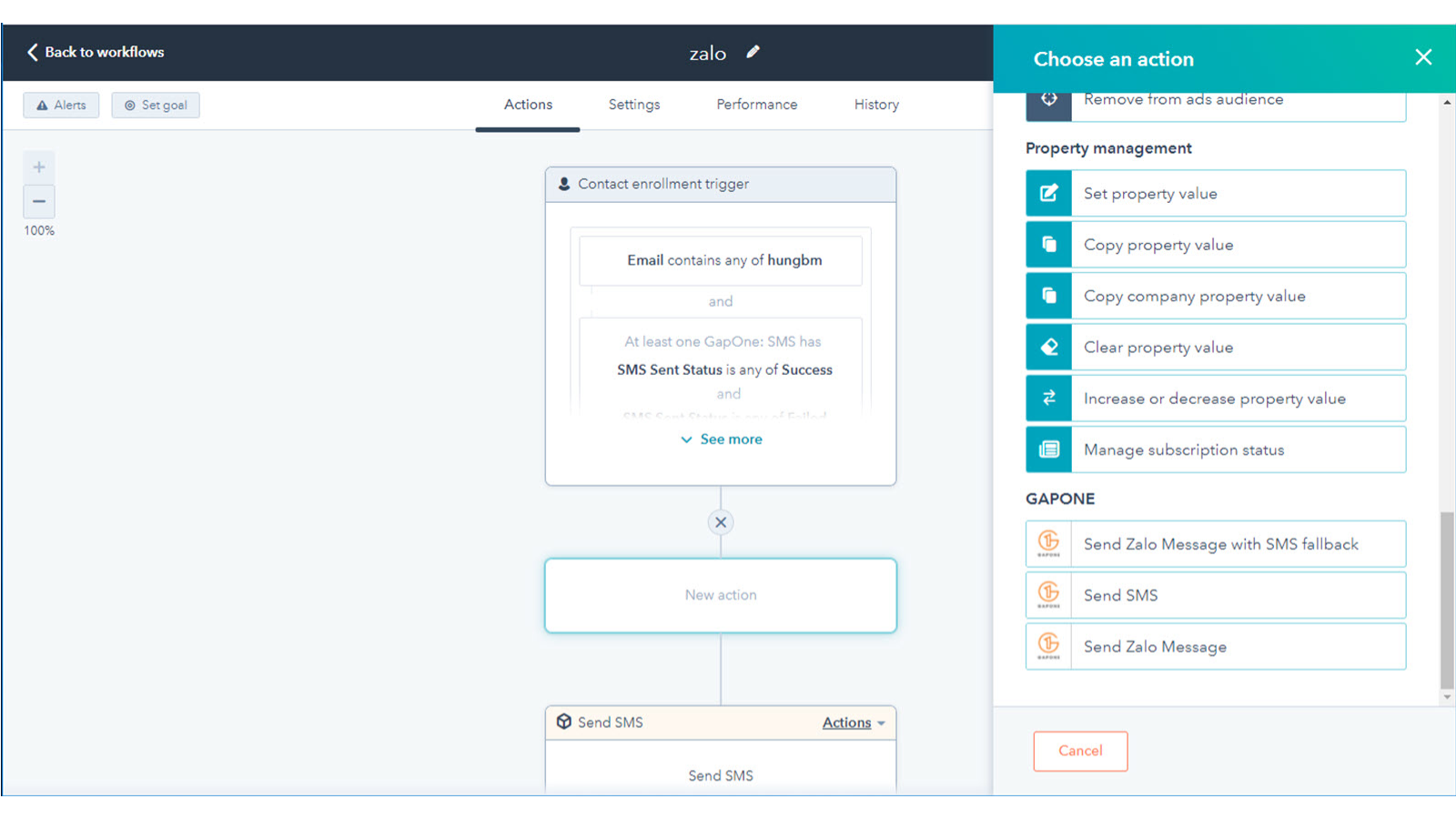 Thêm việc gửi SMS/ZNS vào workflow (Add SMS/ZNS into a Workflow)