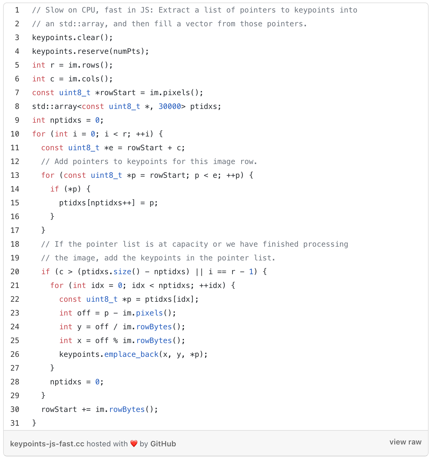  Slow on CPU, fast in JS: Extract a list of pointers to keypoints into an std::array, and then fill a vector from those pointers.