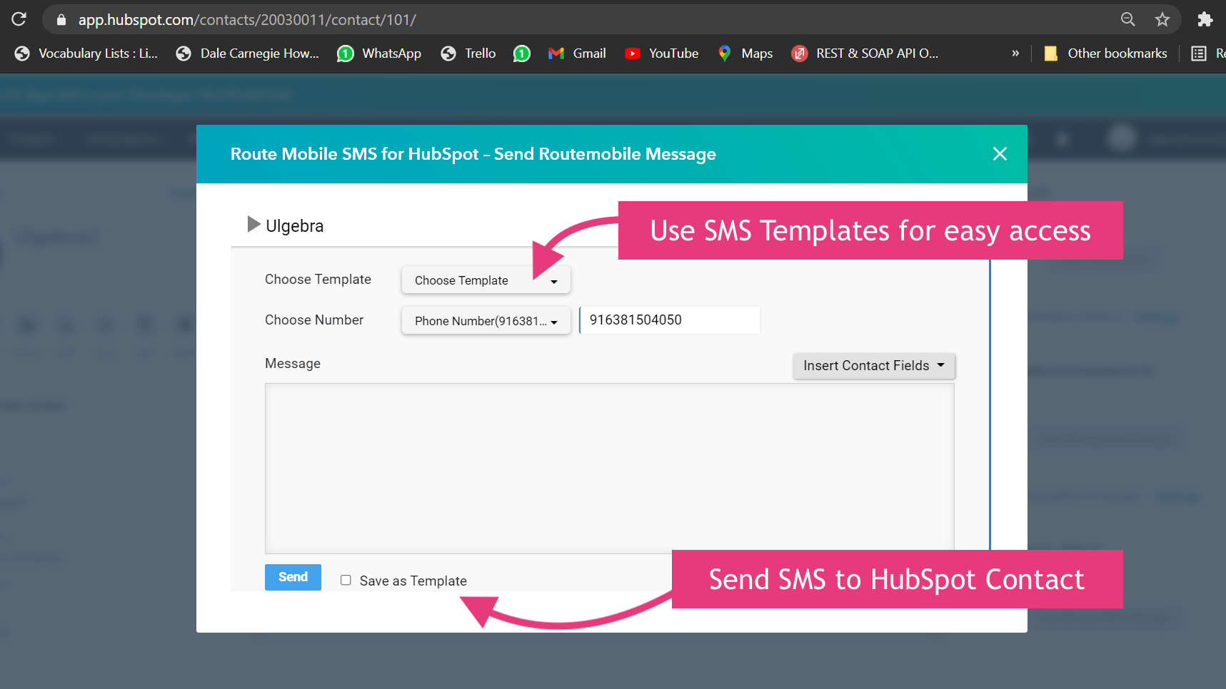 Send SMS to contacts from HubSpot