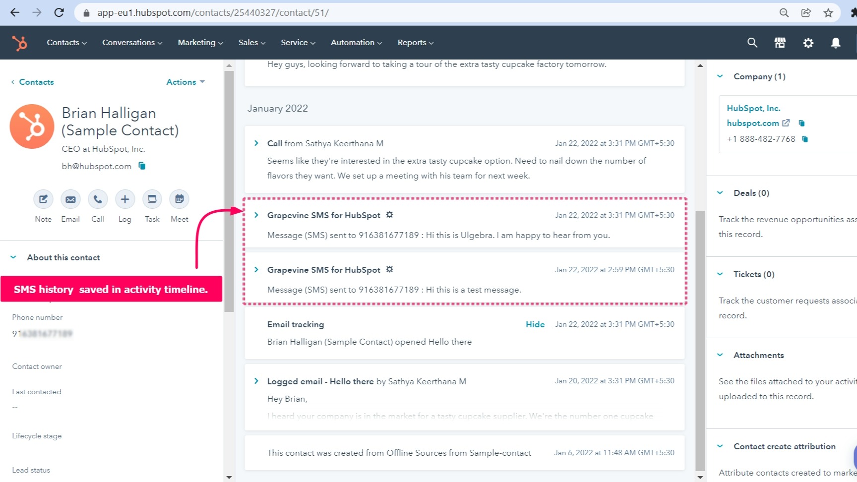 Integración de Grapevine SMS for HubSpot con HubSpot Conéctala aquí